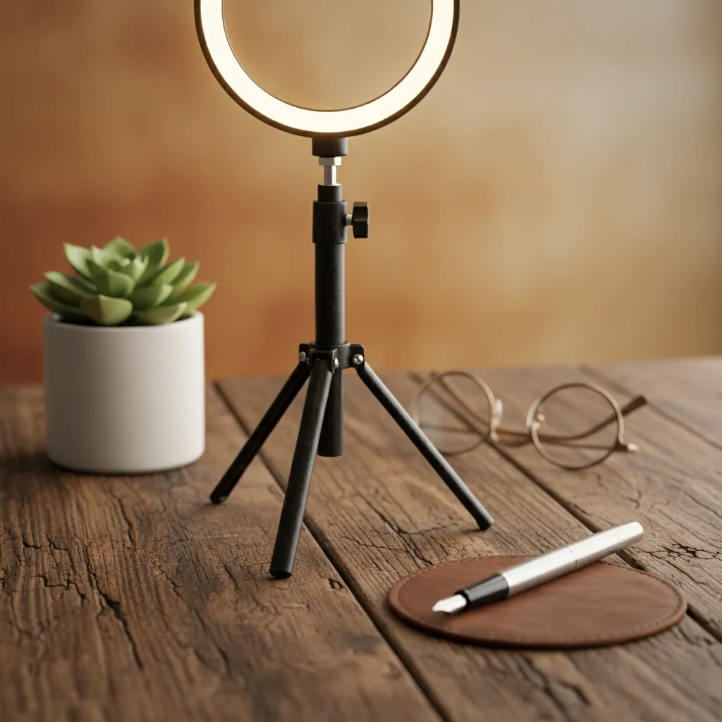 Student recording an educational TikTok with a ring light and script