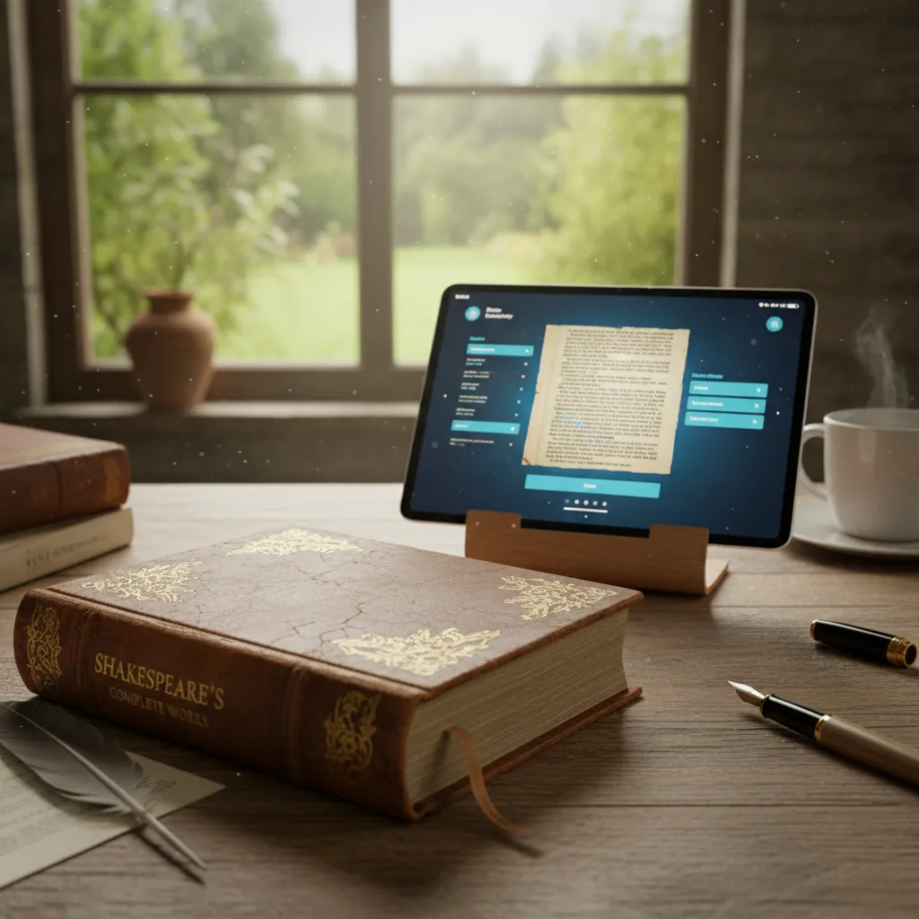 A side by side comparison of a dusty Shakespeare book and a glowing TikTok interface