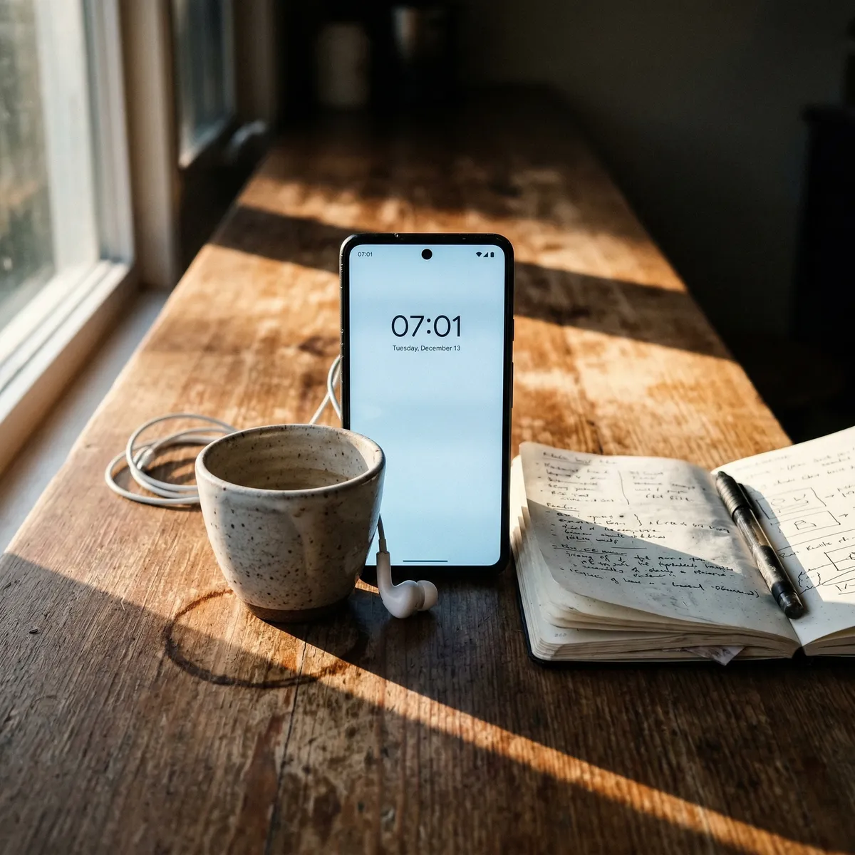 Person reviewing AI language feedback on a phone screen during a morning routine