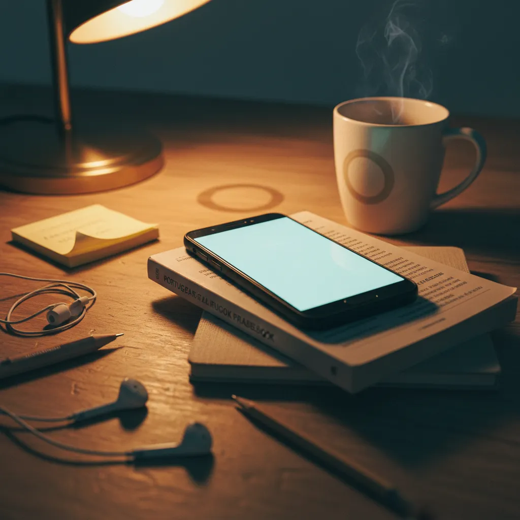 Learner interacting with an adaptive AI language coach on a mobile device showing personalized lesson plan