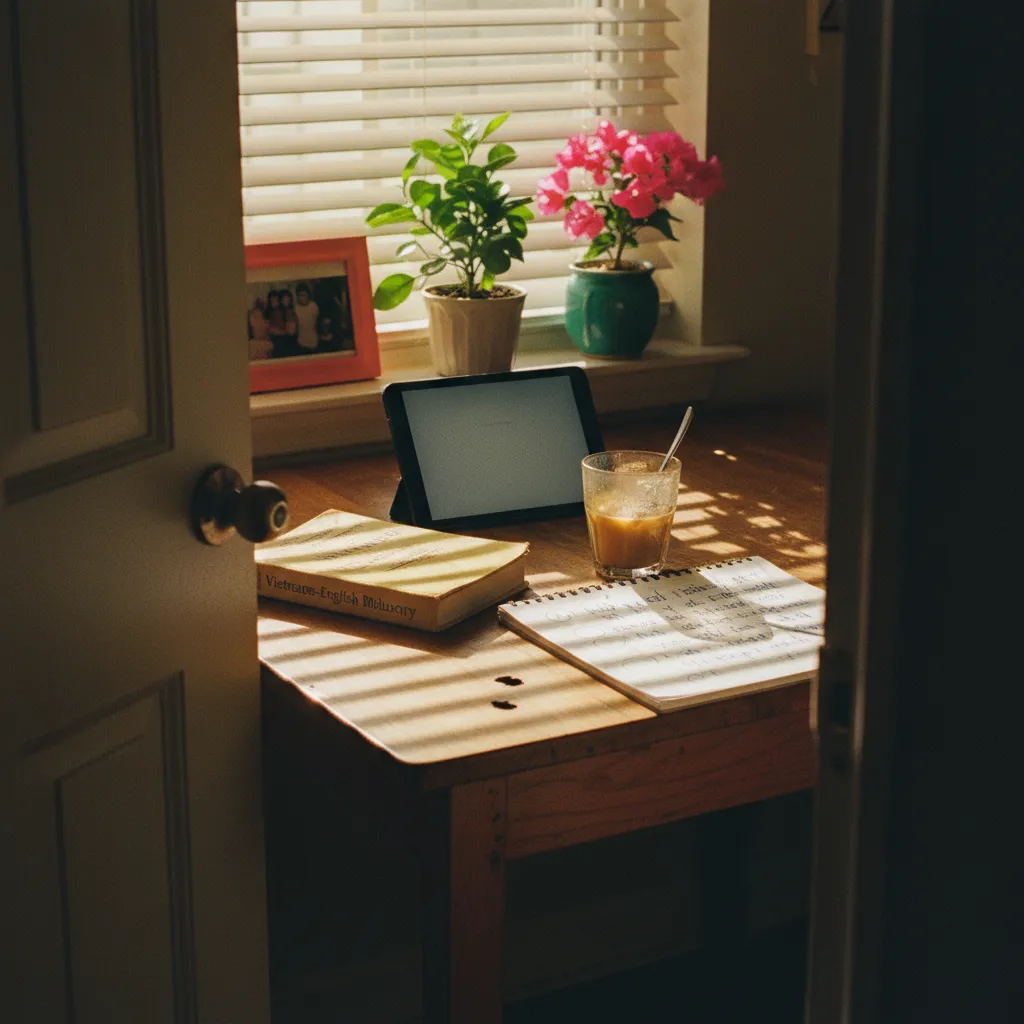 Second-generation heritage learner practicing conversational fluency with an AI language partner on a tablet