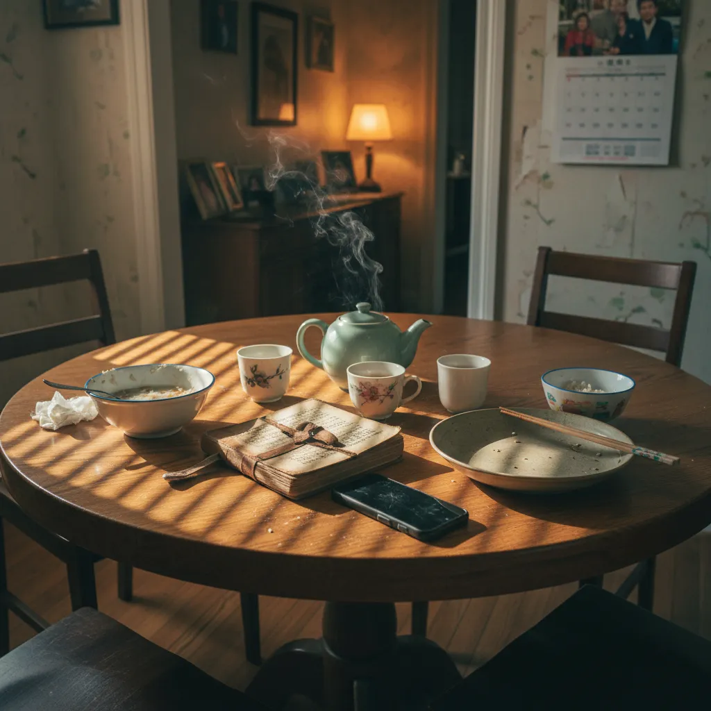 Family members from multiple generations sharing a conversation across a dinner table