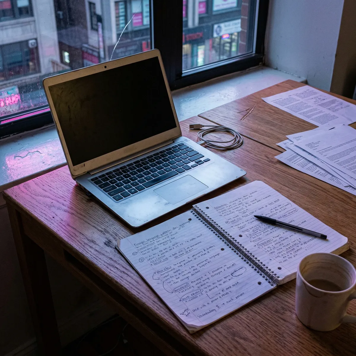 Professional practicing business English with AI conversation partner on laptop