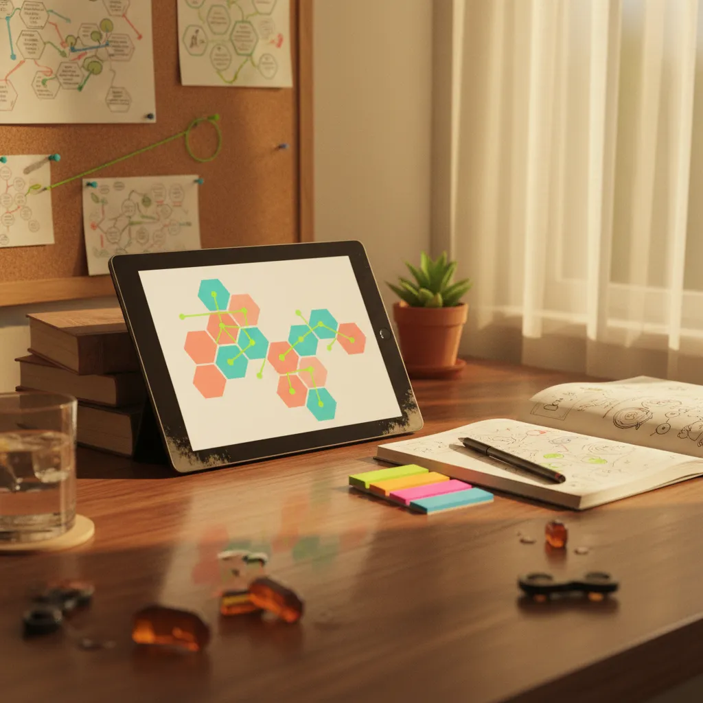 Neurodivergent learner using an adaptive AI language app on a tablet with visual grammar elements on screen