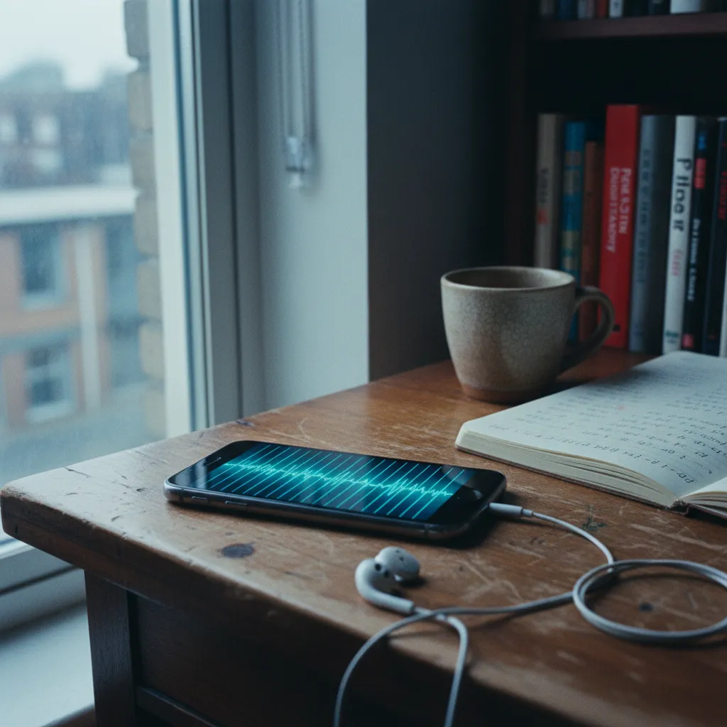 Language learner using an AI shadowing app with real-time pitch and rhythm feedback on screen