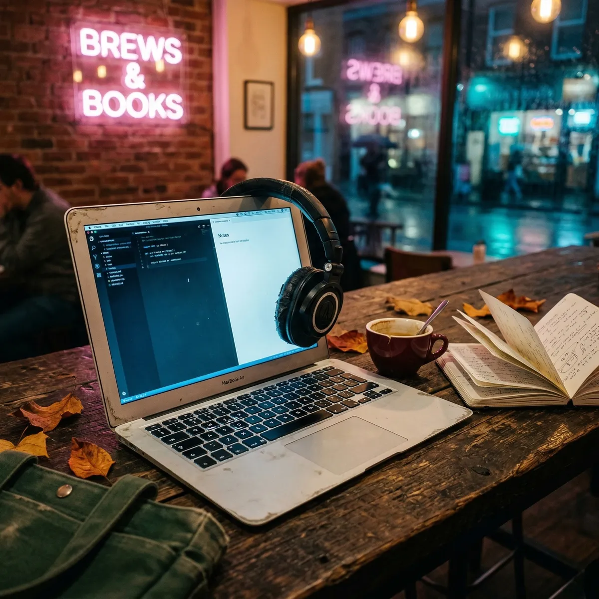 Language learner practicing AI roleplay scenarios on a laptop in a cafe setting