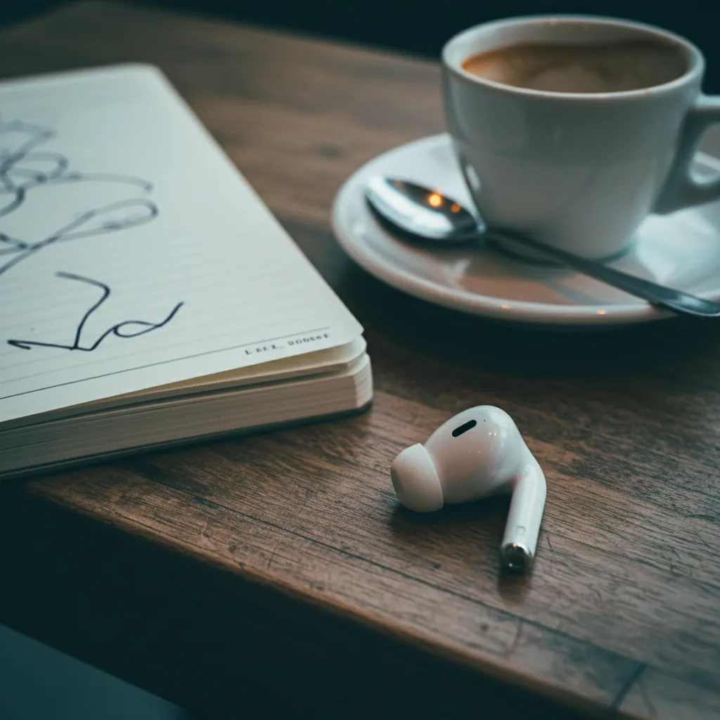 Language learner using AI translation earbuds during a conversation at a cafe