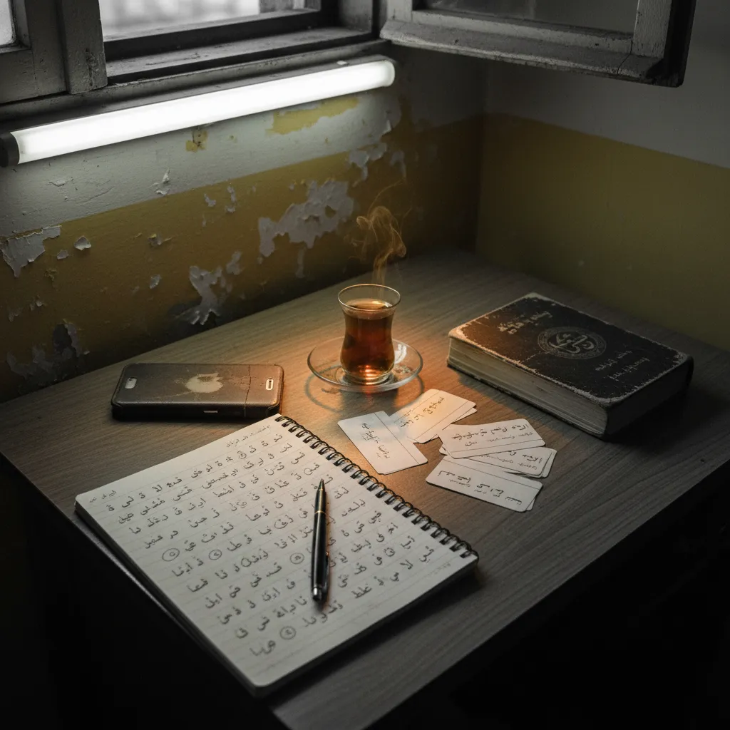 Person practicing Arabic on a phone with AI conversation interface showing dialect-specific feedback