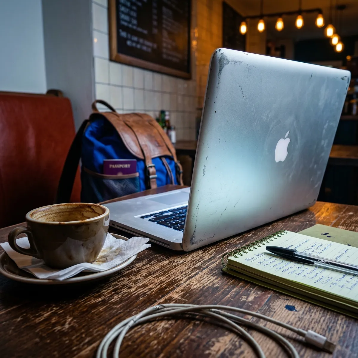 Digital nomad practicing language on laptop at cafe before traveling