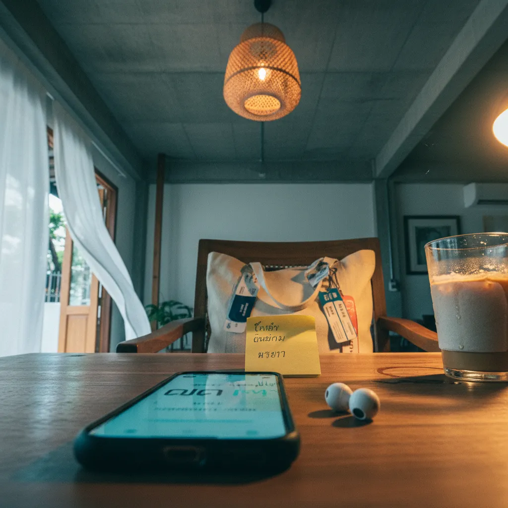 Digital nomad practicing Thai phrases on an AI language app at a coworking space