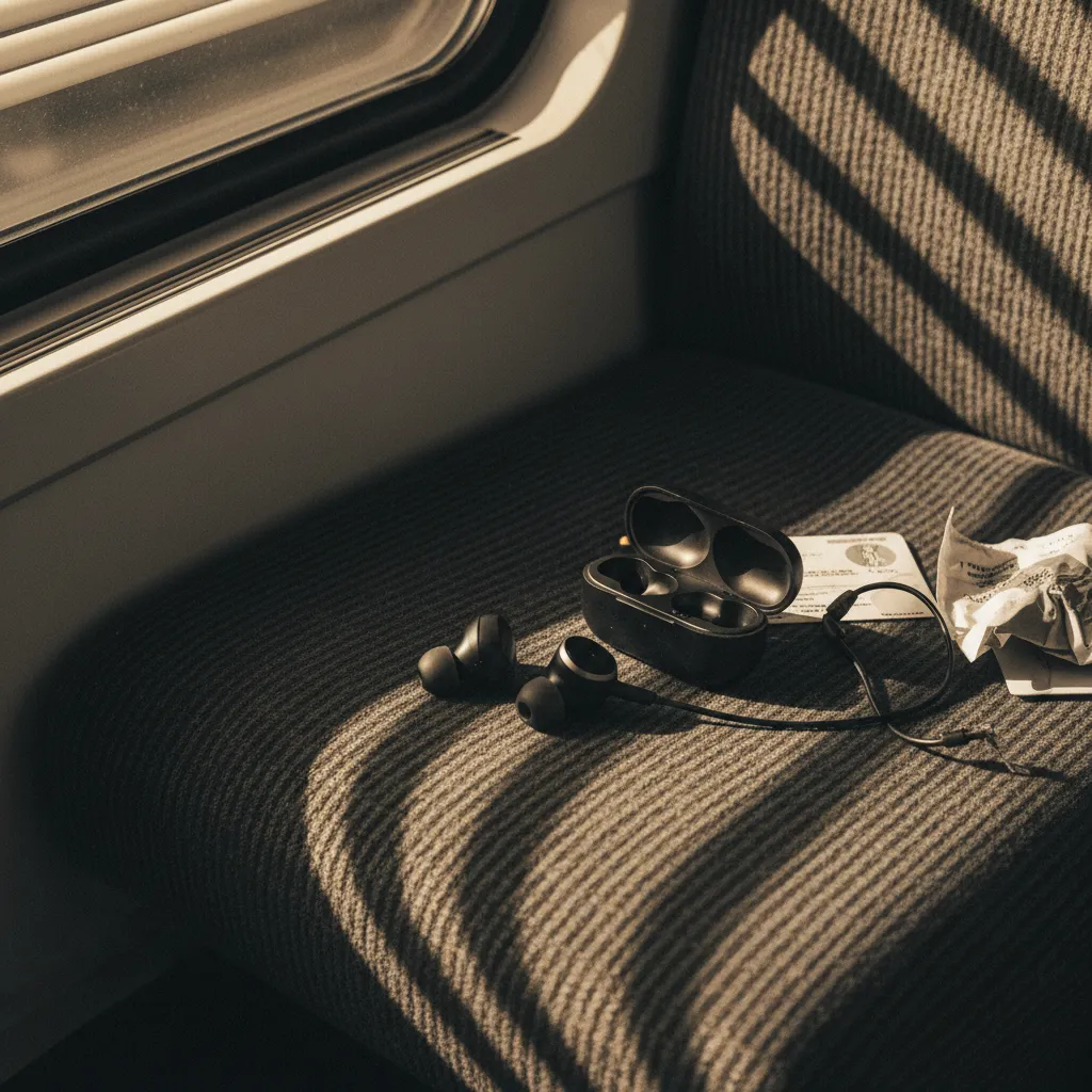 Commuter wearing earbuds practicing language learning on a morning train