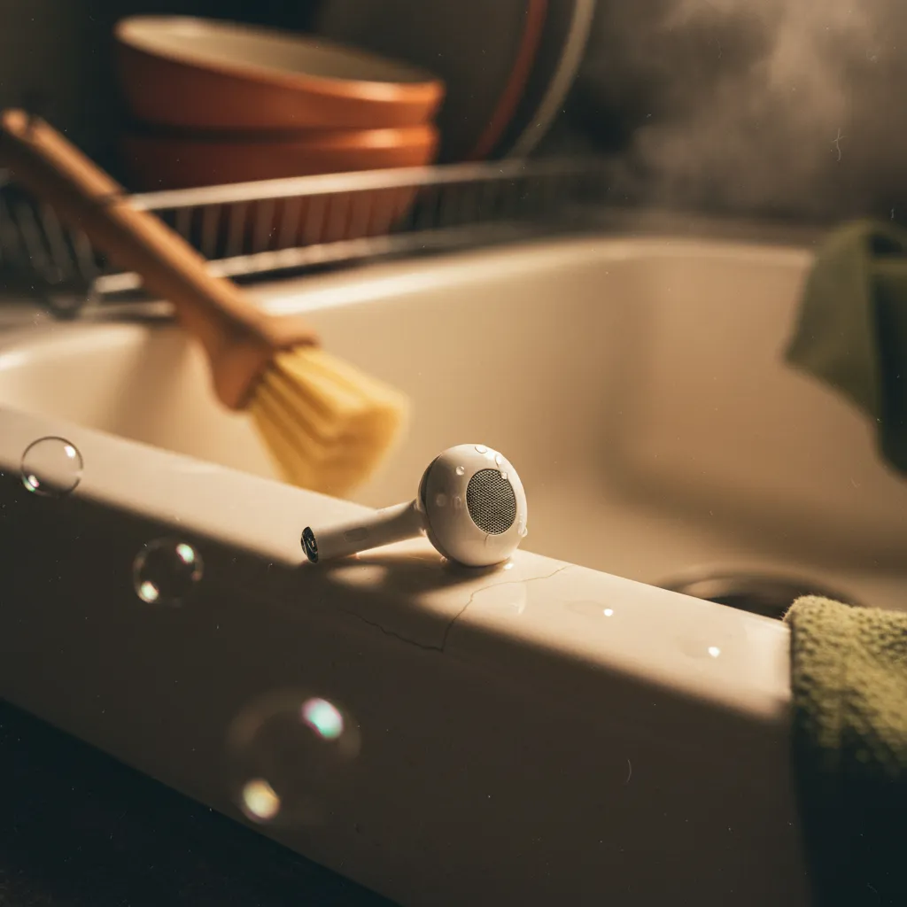 Person doing dishes in kitchen while practicing a language with earbuds and an AI app
