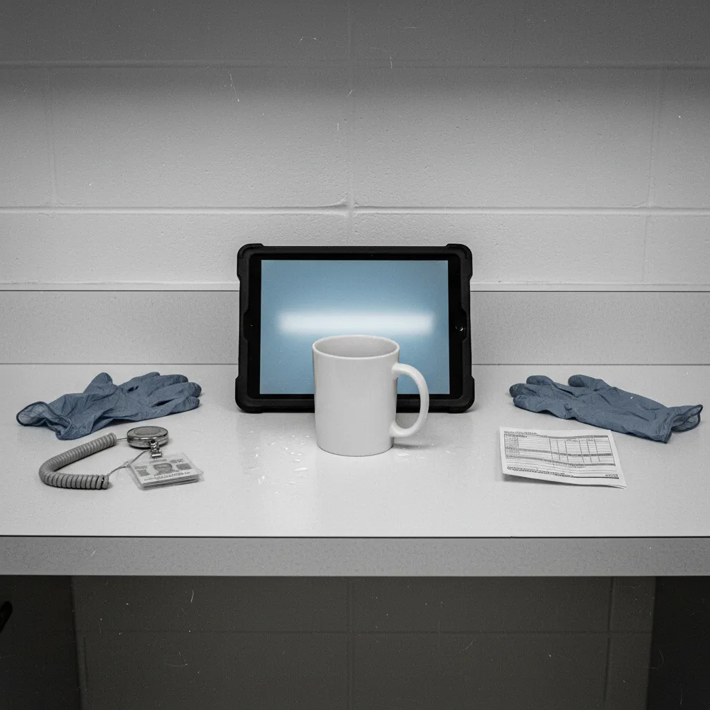 Nurse using AI language app on tablet during hospital shift break