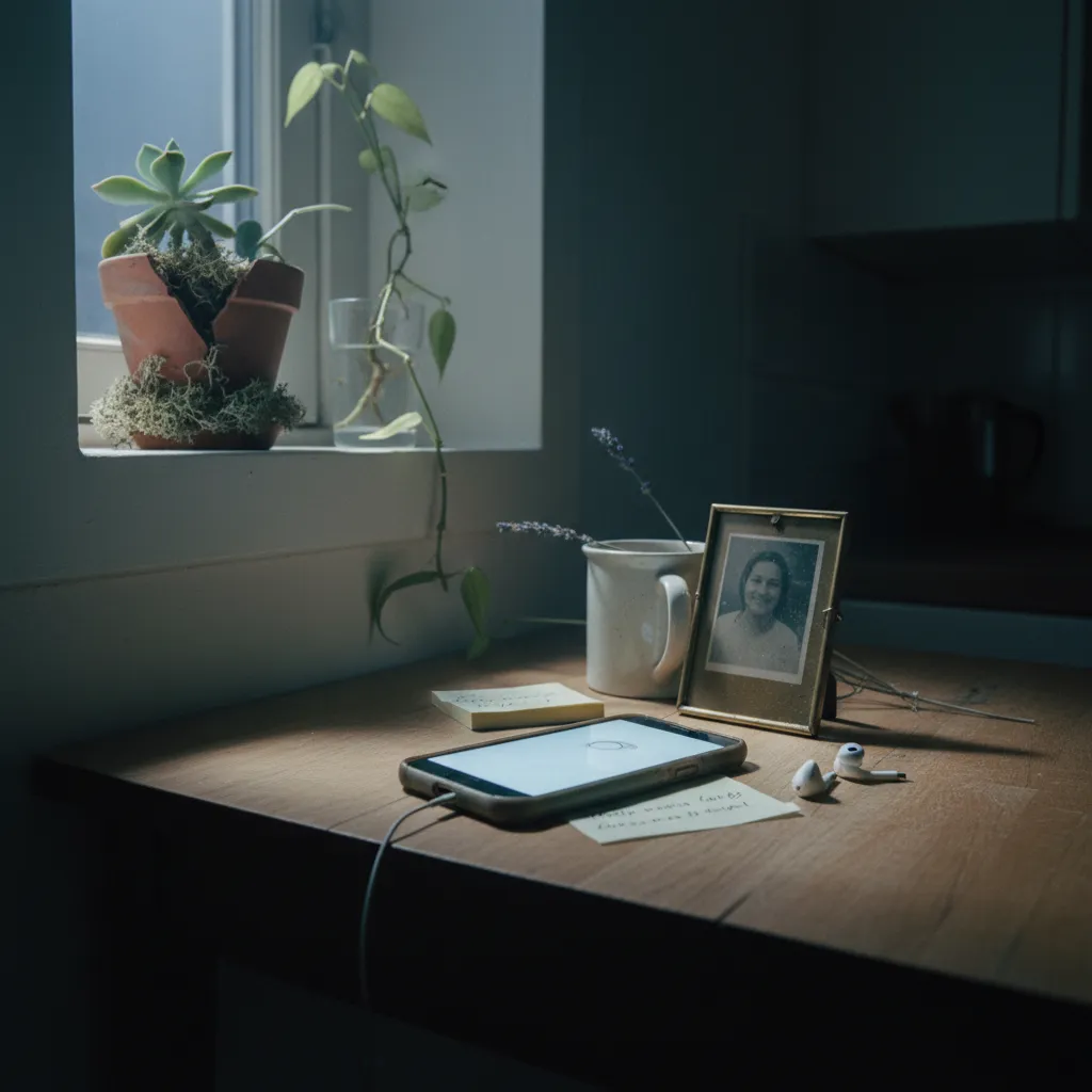 Second generation immigrant practicing heritage language on phone with family photo nearby