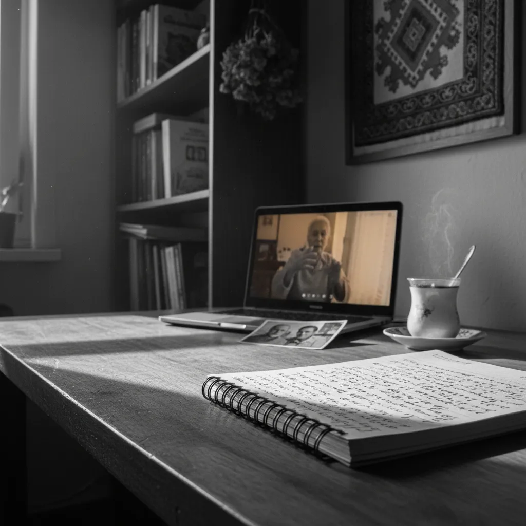 Heritage speaker having emotional video call with grandparent after language practice