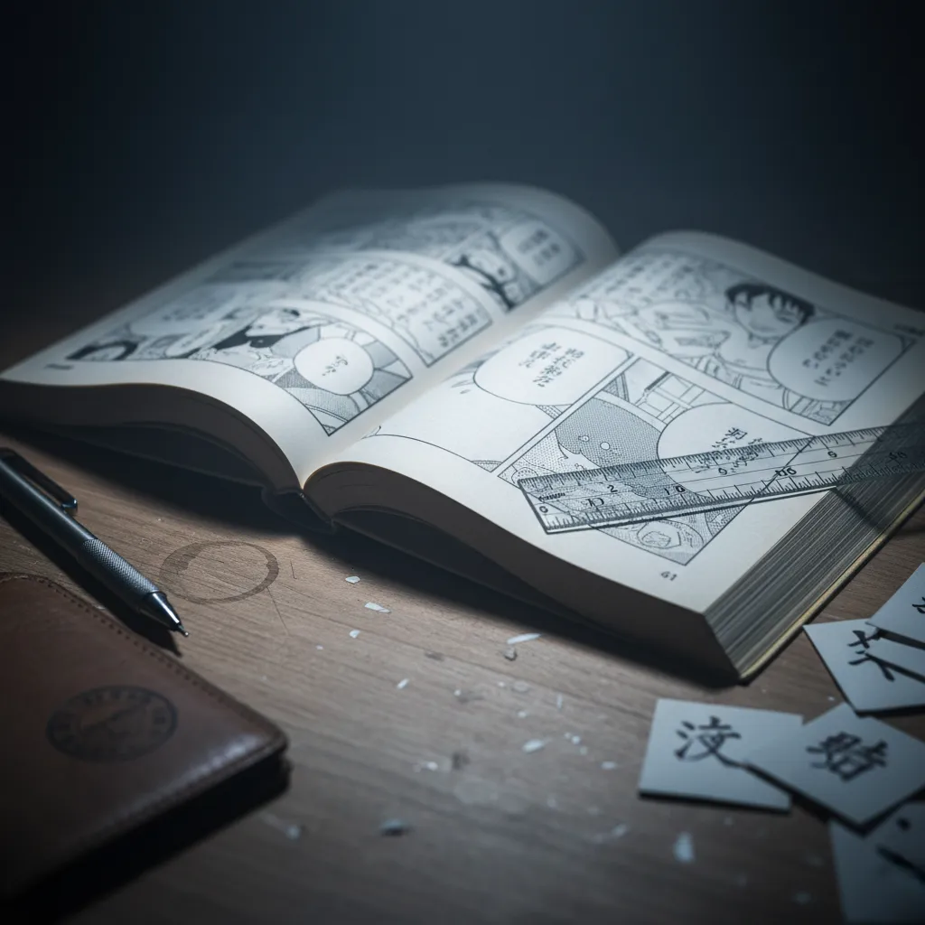 Manga panel with AI kanji decomposition overlay showing radical breakdown and contextual readings