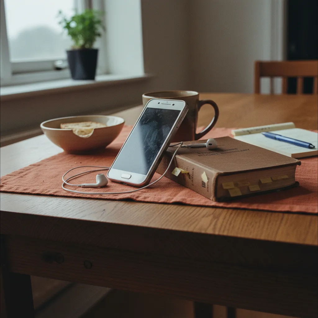 Immigrant practicing speaking with an AI language app on a smartphone at a kitchen table