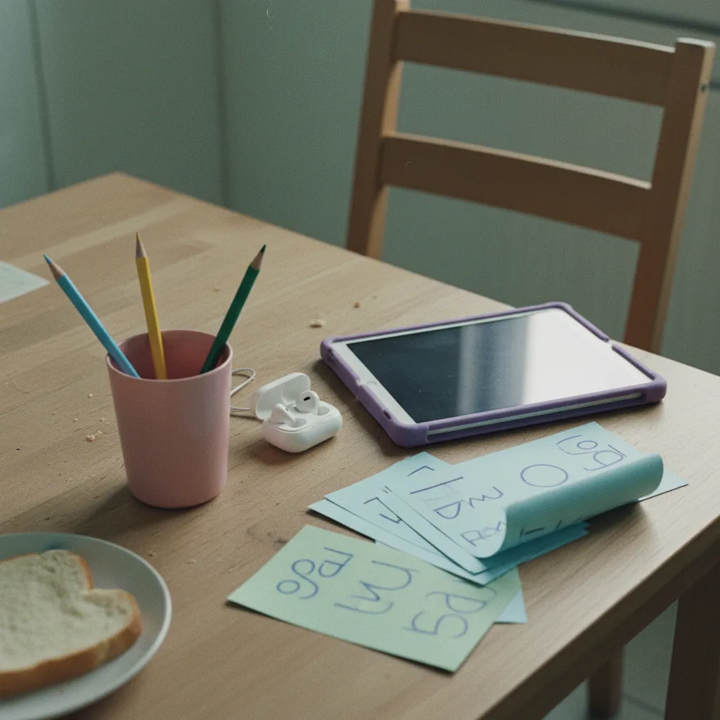 Child practicing a second language with an AI tutor app on a tablet