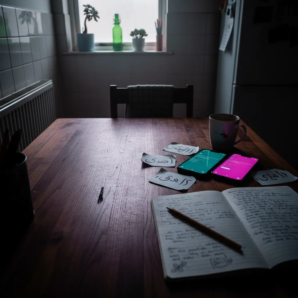Multilingual couple laughing while sharing a language lesson at home