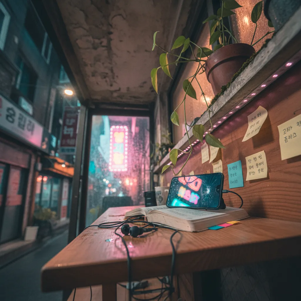 Person using AI Korean language learning app with K-drama dialogue breakdown on screen