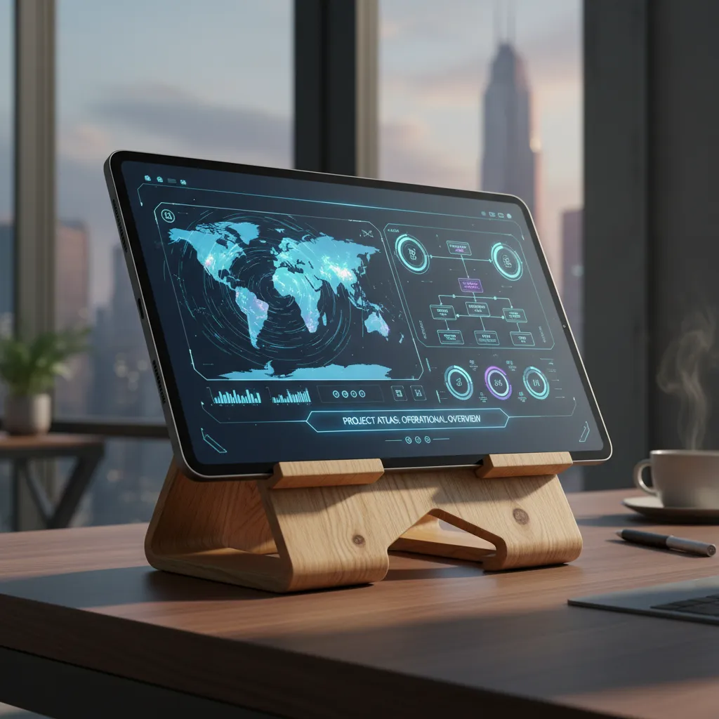 A family interacting with a smart tablet on a kitchen counter for AI language learning