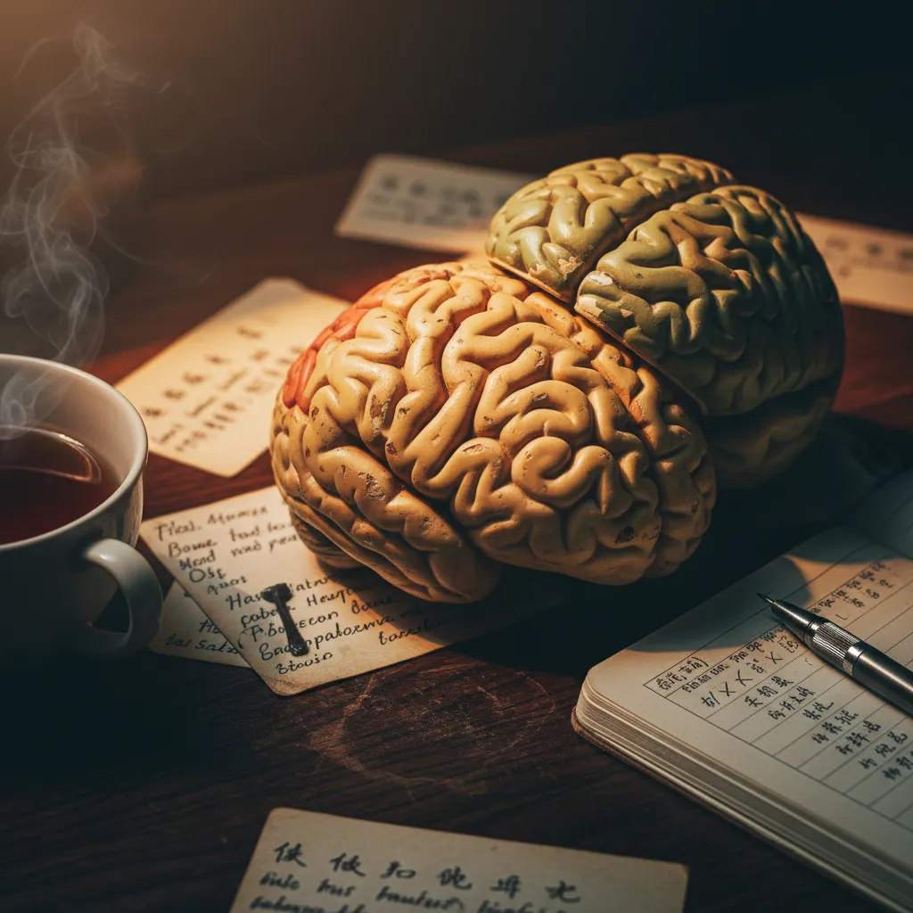 Illustration of brain activity during language learning showing activated neural pathways