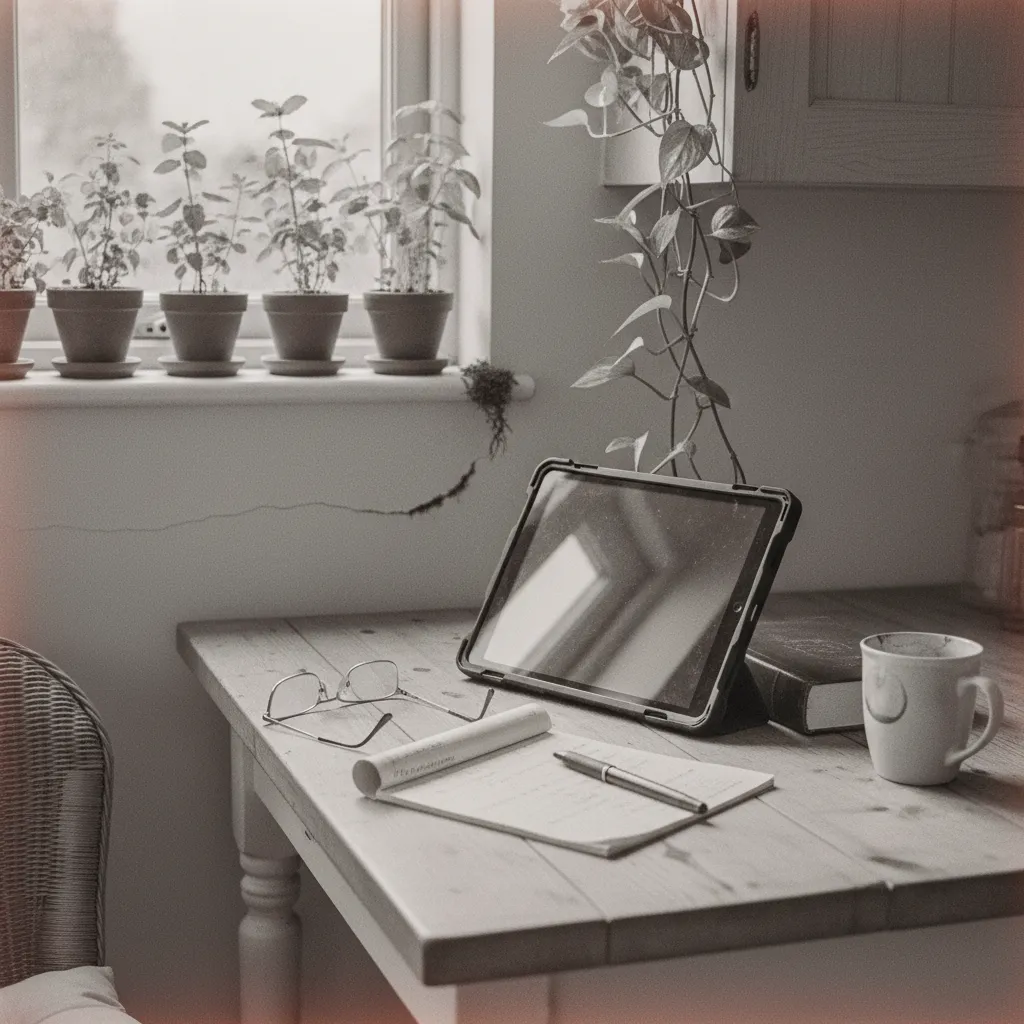 Retired couple practicing a language together on a tablet at a kitchen table