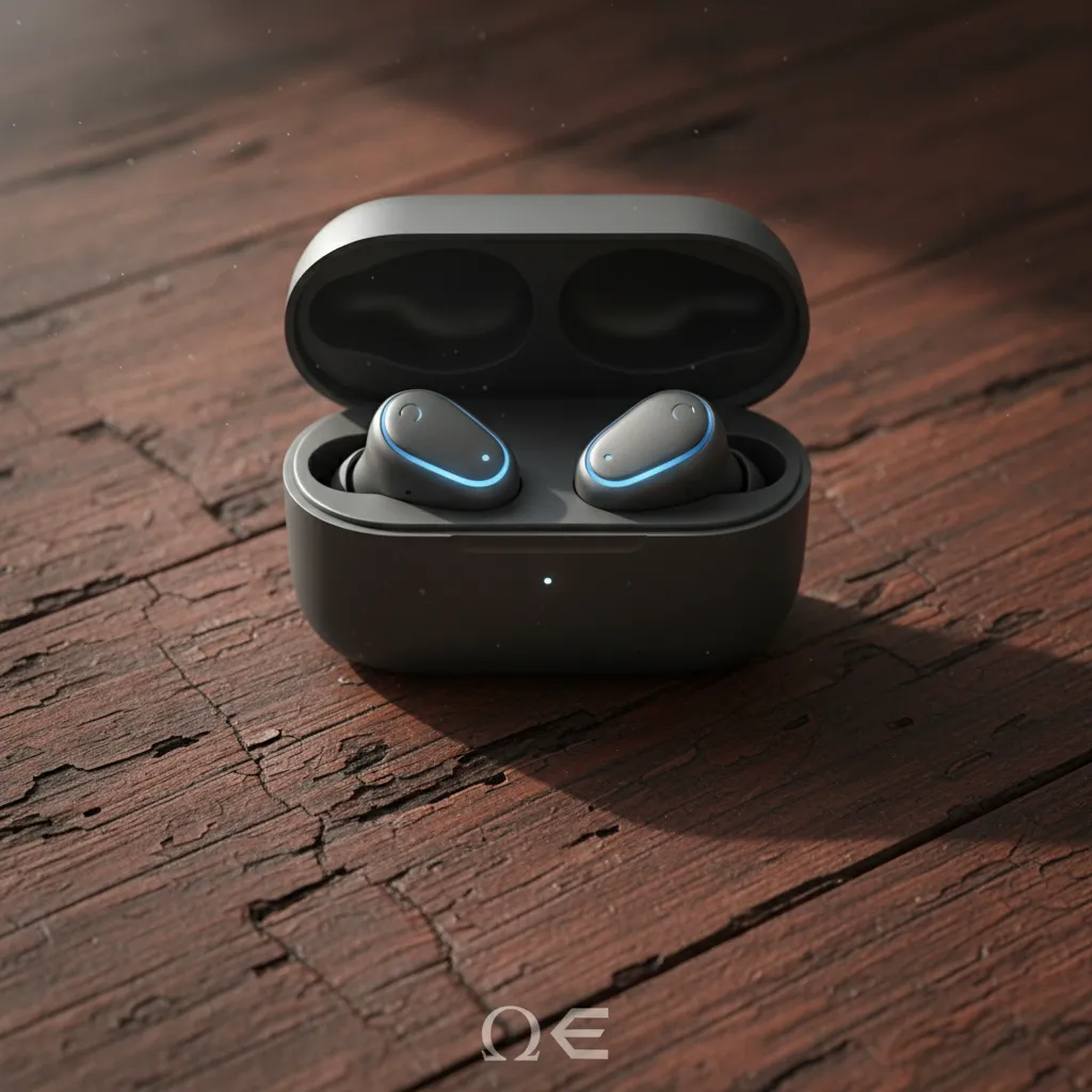 Commuter walking through a busy city street wearing sleek wireless earbuds while smiling and talking