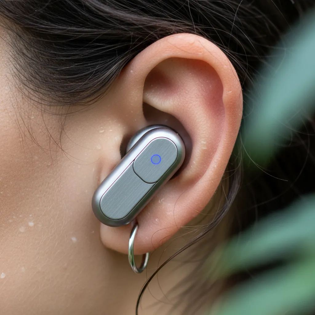 Close up of someone washing dishes at home while wearing a modern smart earbud