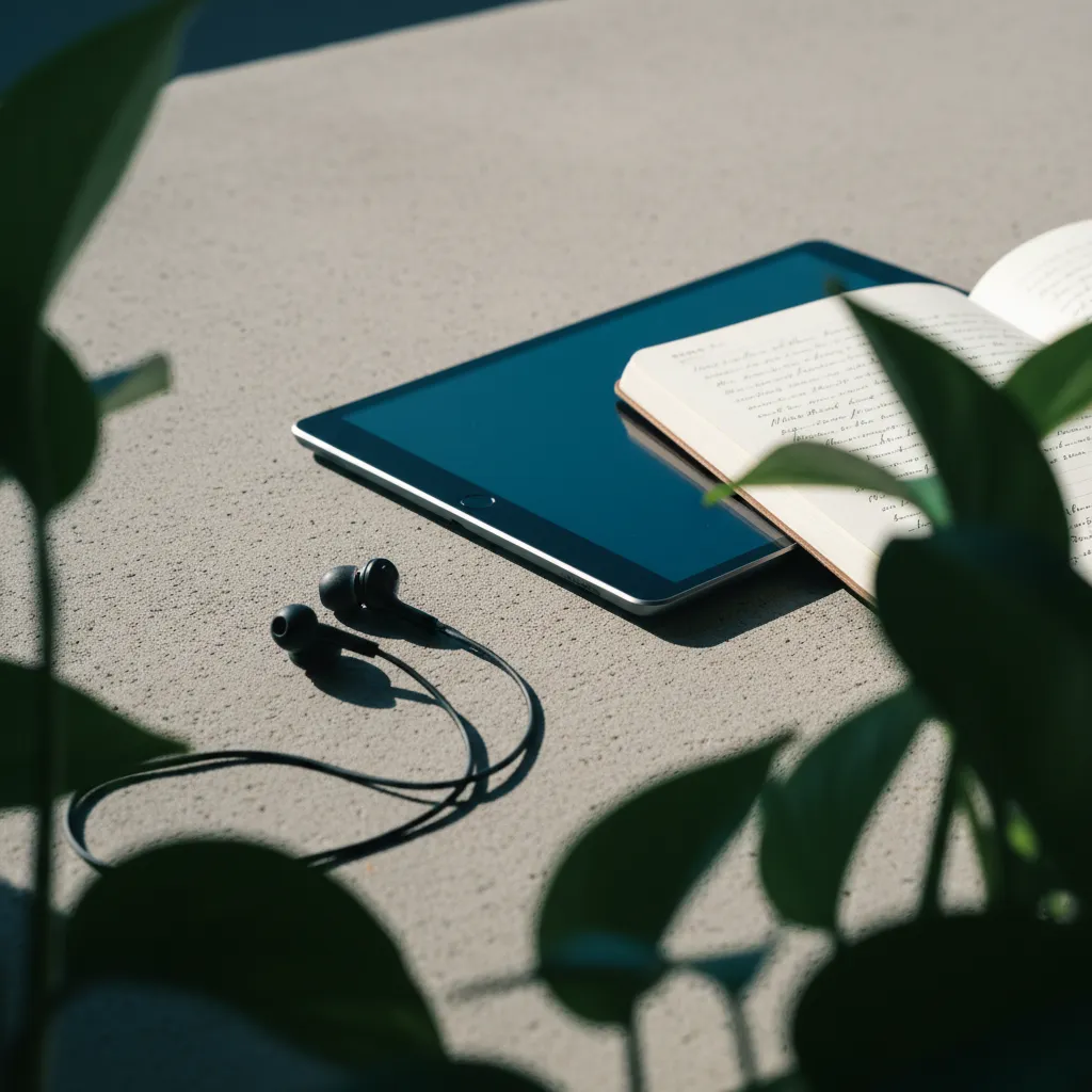 Person practicing language with AI conversation partner on a device in a relaxed setting
