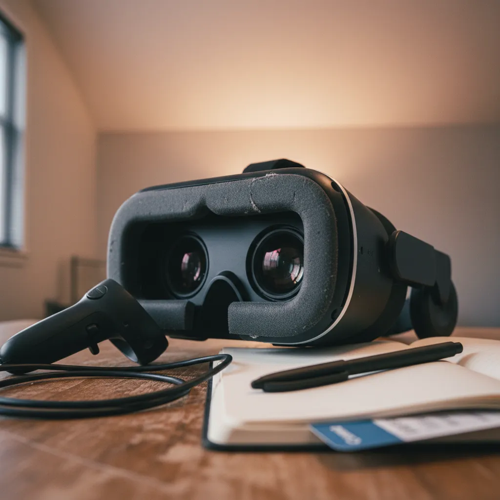 Person wearing VR headset with language learning interface elements