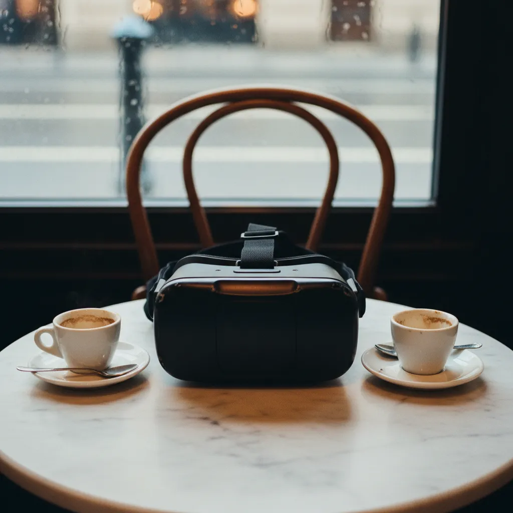 VR language learner practicing conversation in a virtual café environment