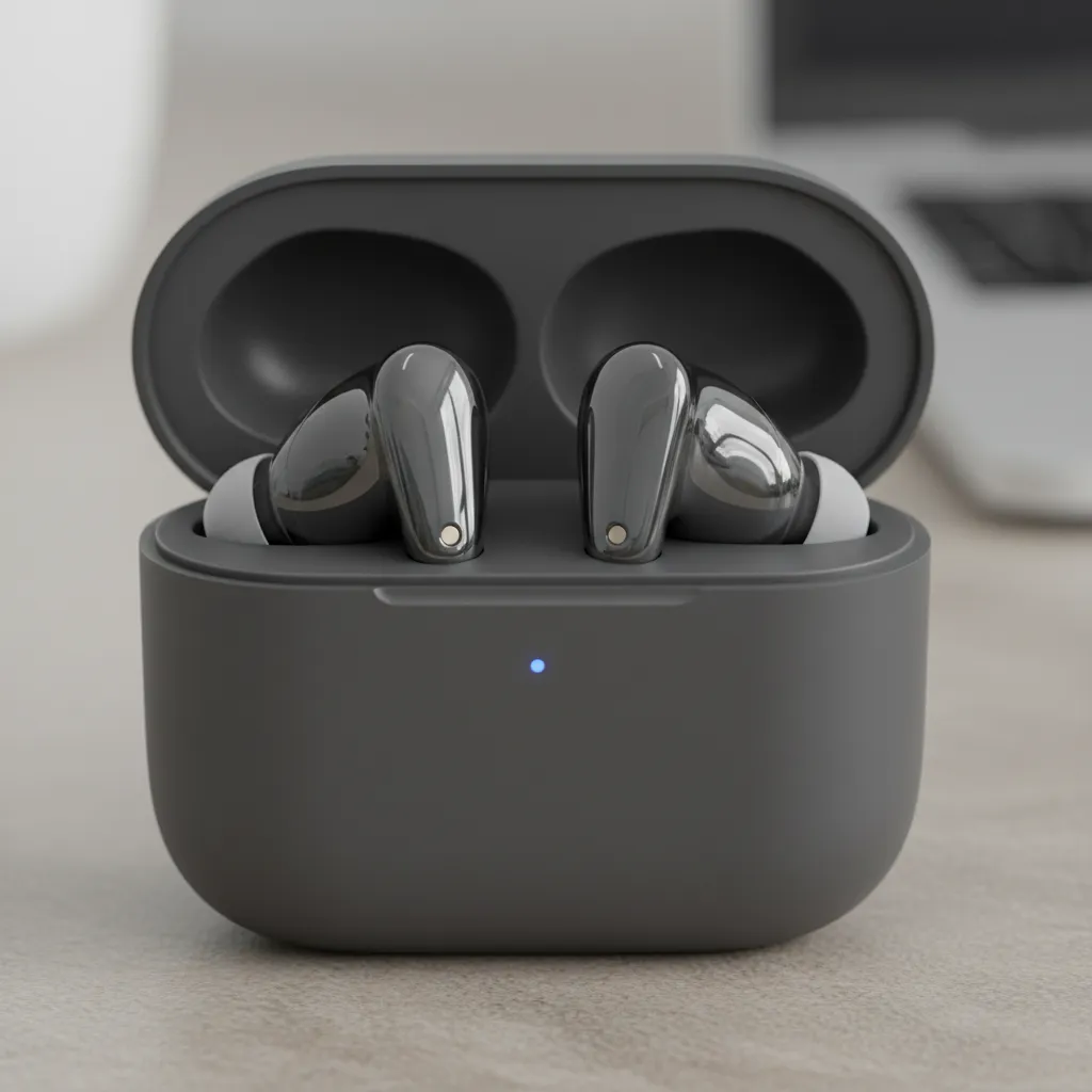 Real time translation earbuds sitting on a cafe table next to a smartphone