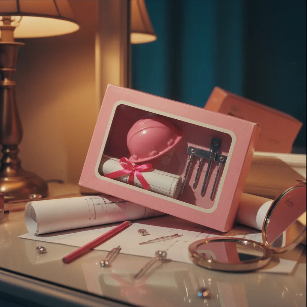 AI Barbie doll box portrait showing a woman styled as Architect Barbie with career accessories and pink Barbiecore packaging