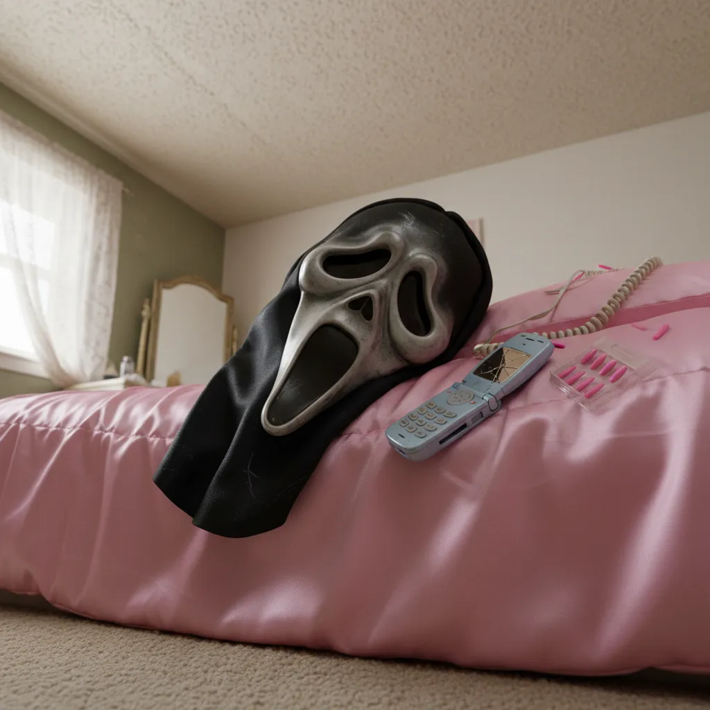 AI-generated Y2K bedroom scene with Ghostface lurking in doorway featuring pink satin aesthetic