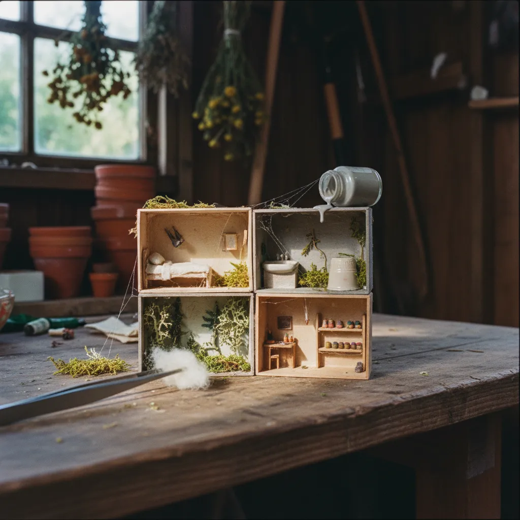 Grid of AI-generated miniature diorama scenes showing different themed rooms with tilt-shift effect