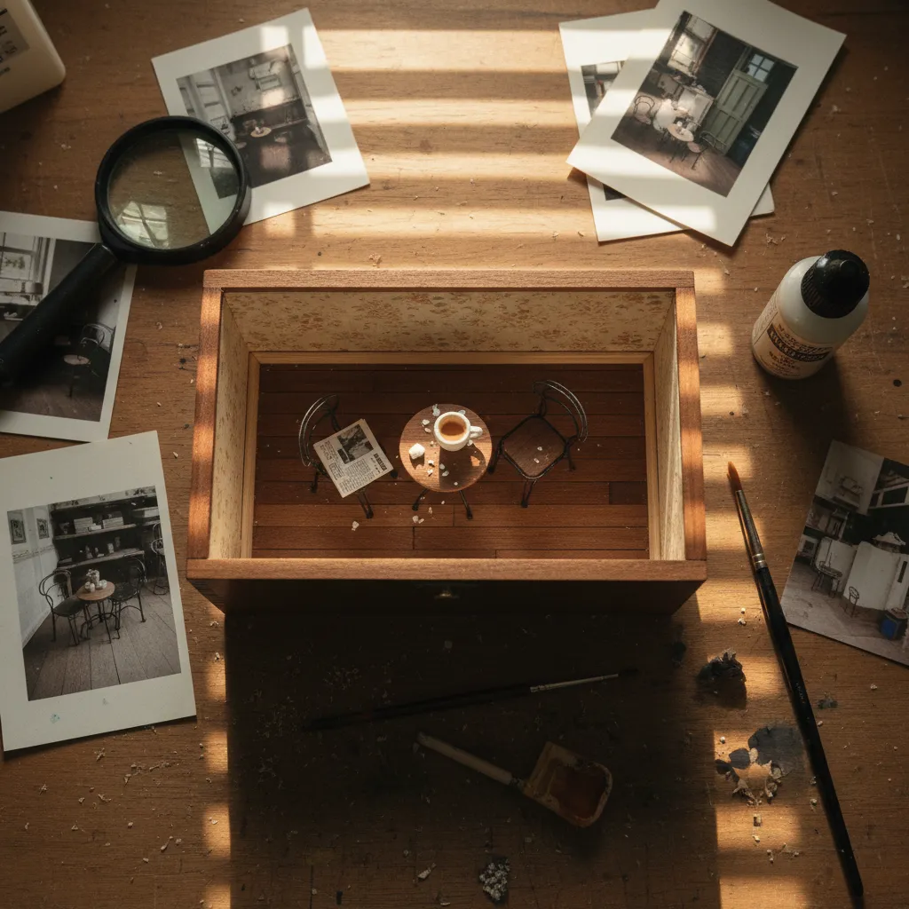 Example of a tiny-world AI diorama portrait showing a miniature figure in a cozy cafe scene with tilt-shift blur