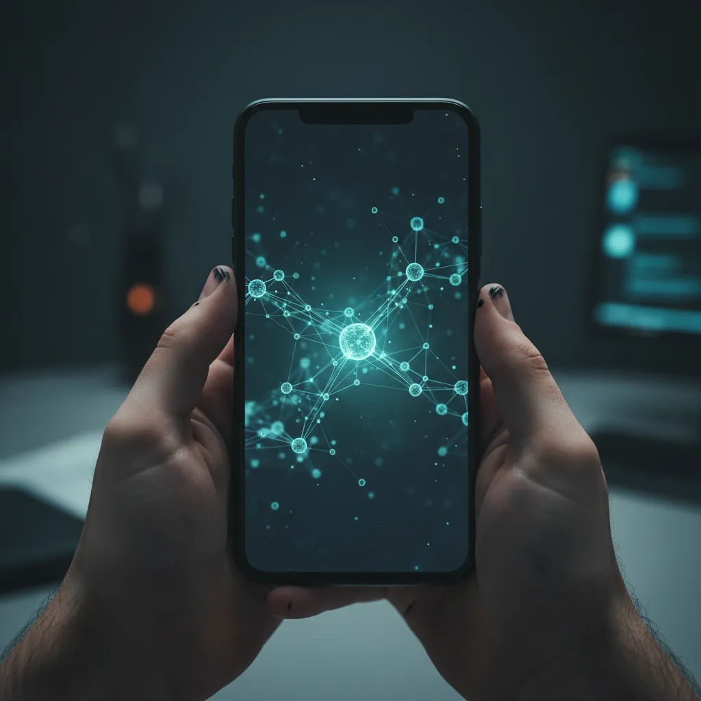 Woman holding phone generating AI visa photo