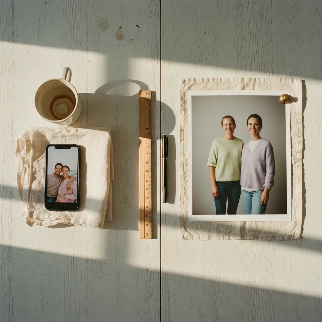 AI family portrait before and after comparison showing casual phone photo transformed into studio-quality matching outfit portrait