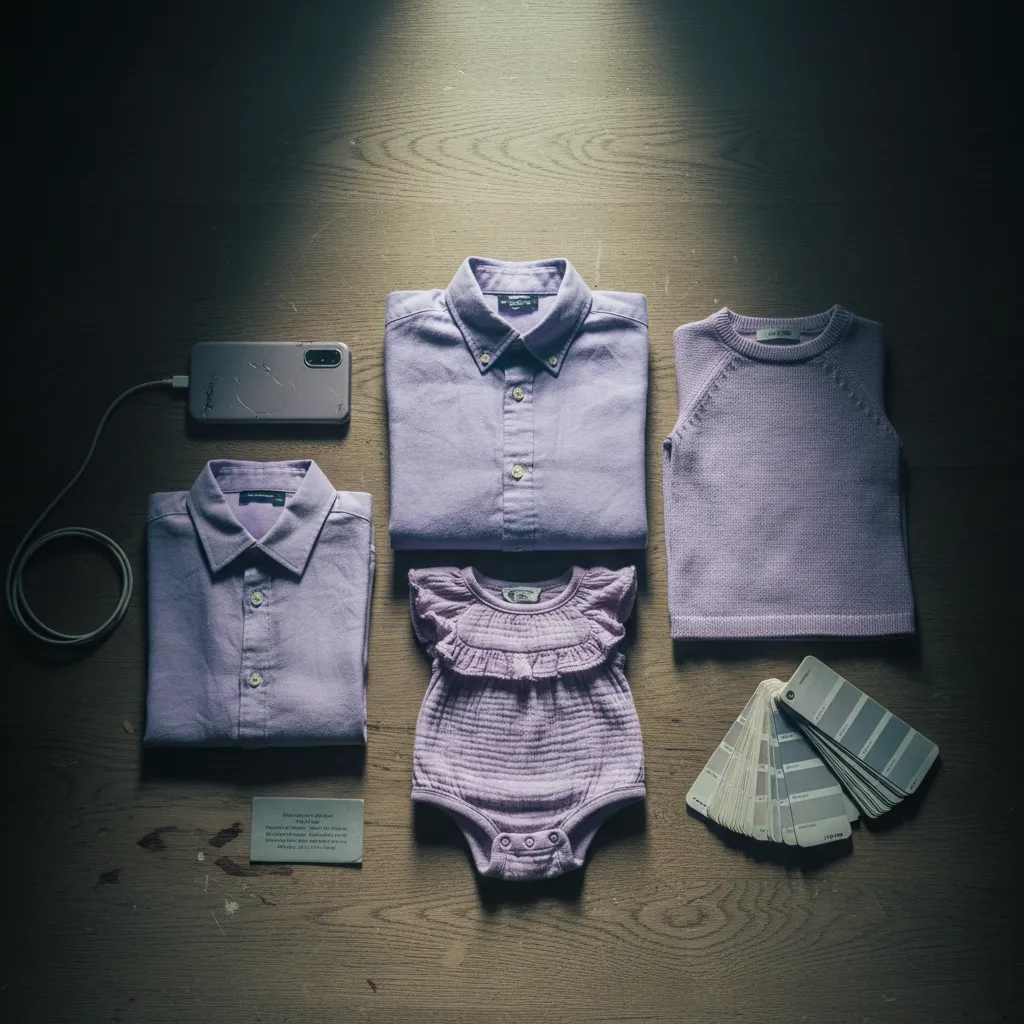 Coordinated lavender outfit AI family studio portrait with soft lighting and gray backdrop