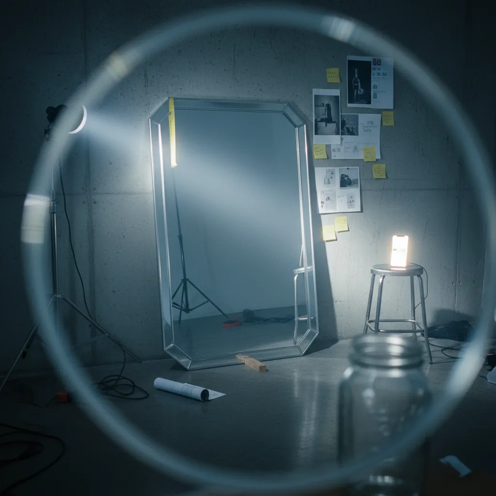 Diagram showing the key visual elements of a realistic AI mirror selfie including reflection angle and lighting