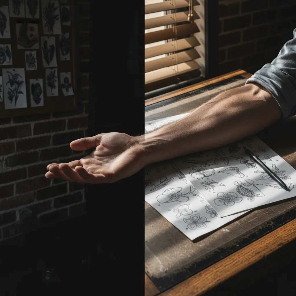 AI-generated virtual tattoo preview showing fine-line floral design on a forearm from a selfie