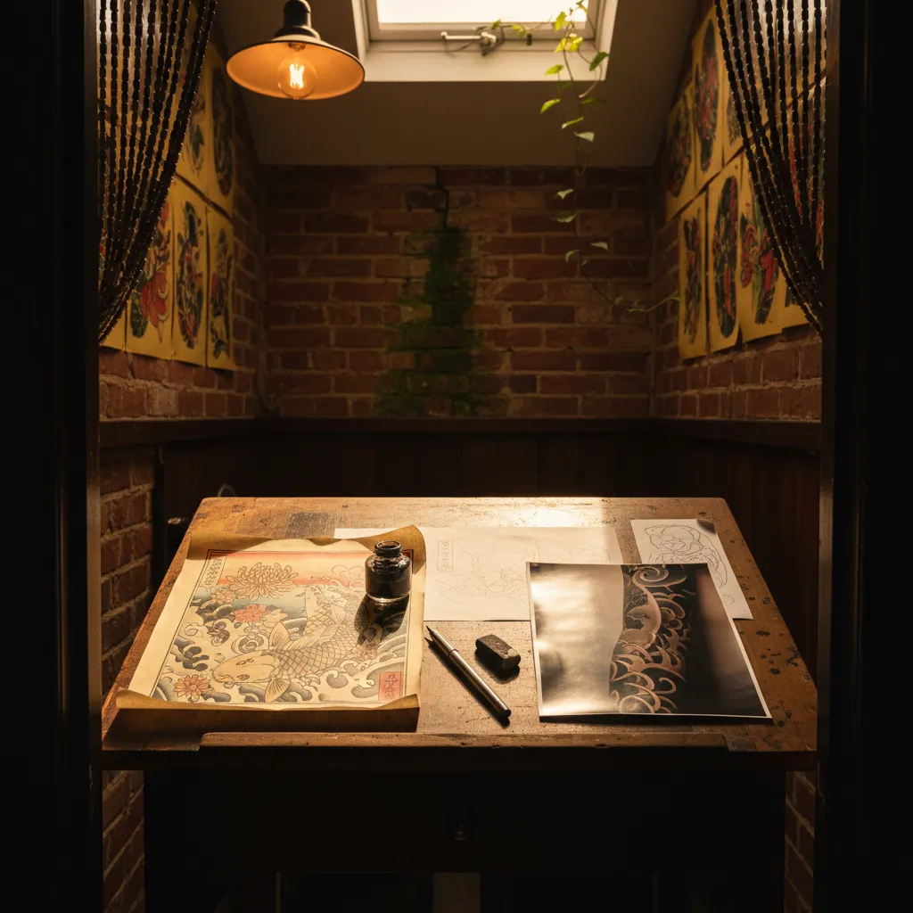 Comparison of AI tattoo simulator showing Japanese sleeve design previewed on skin versus a mood board reference