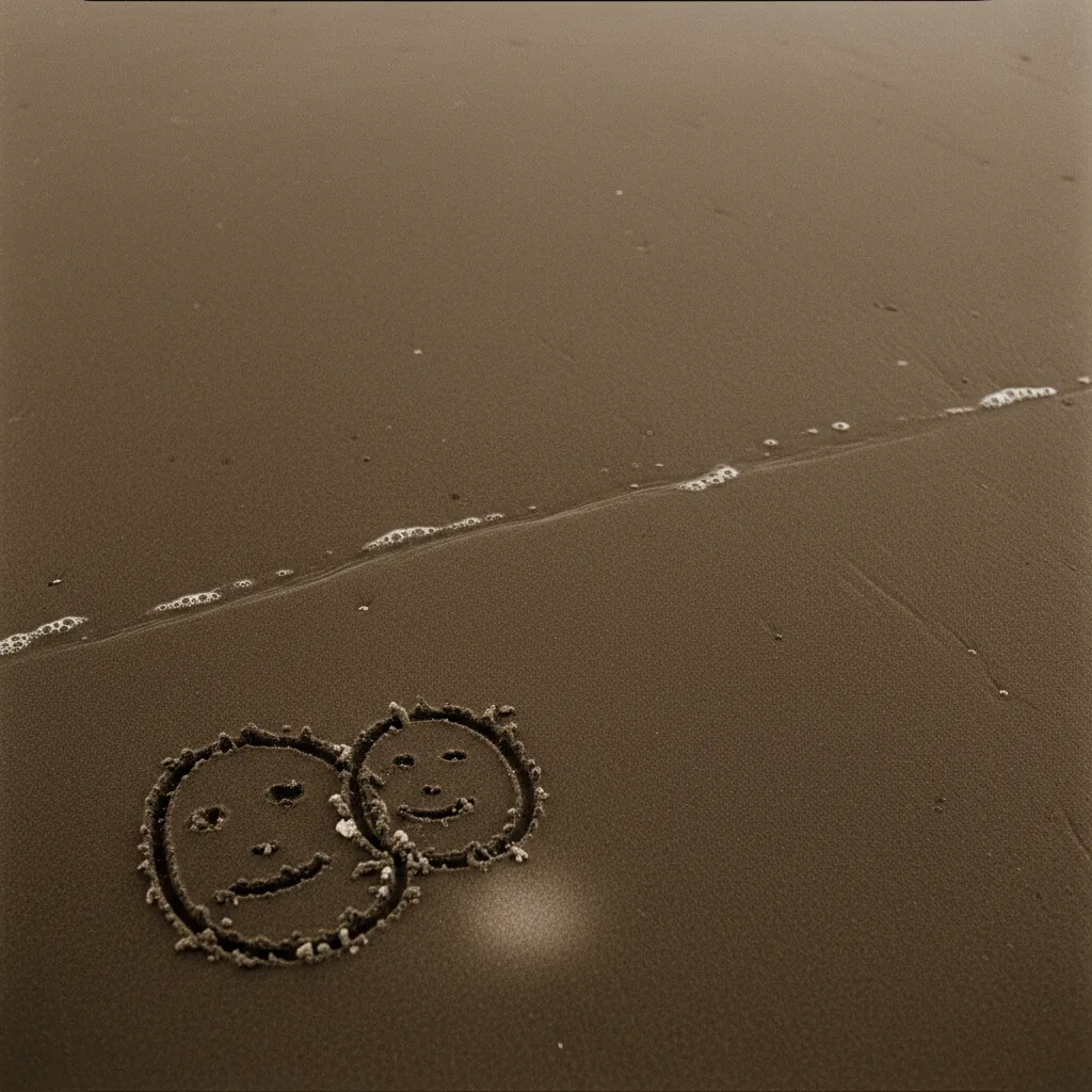 AI beach sand portrait of a couple with carved faces in wet sand at golden hour