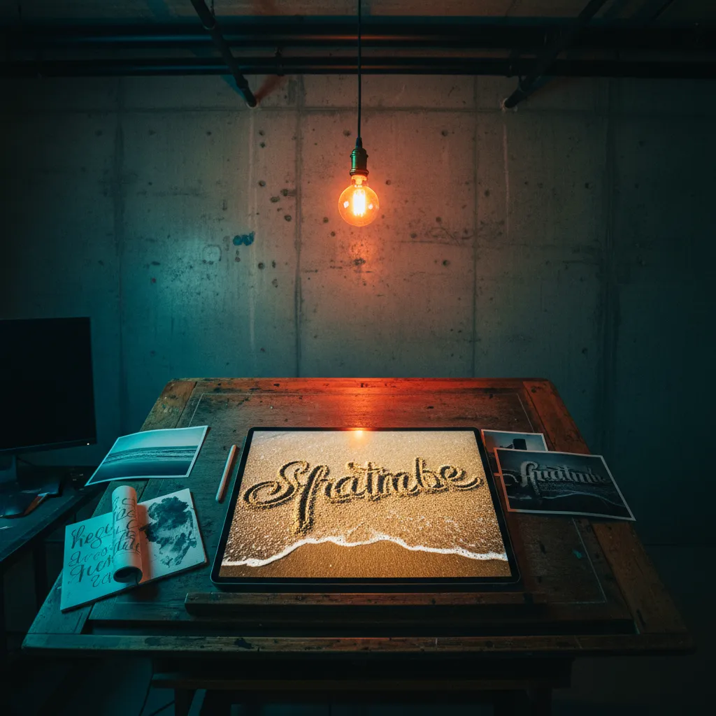 Romantic AI sand art portrait showing couple names in cursive with ocean waves at sunset