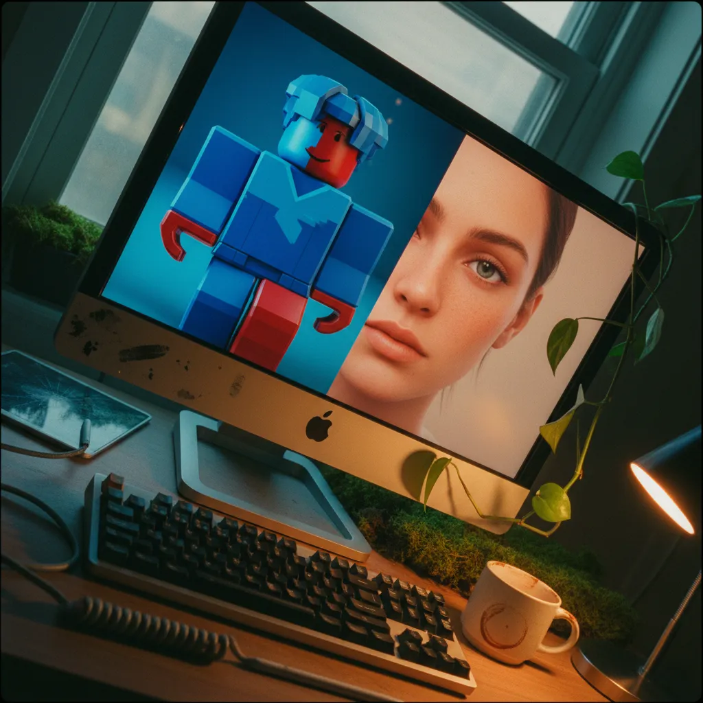 Roblox avatar transformed into photorealistic AI human portrait side by side comparison