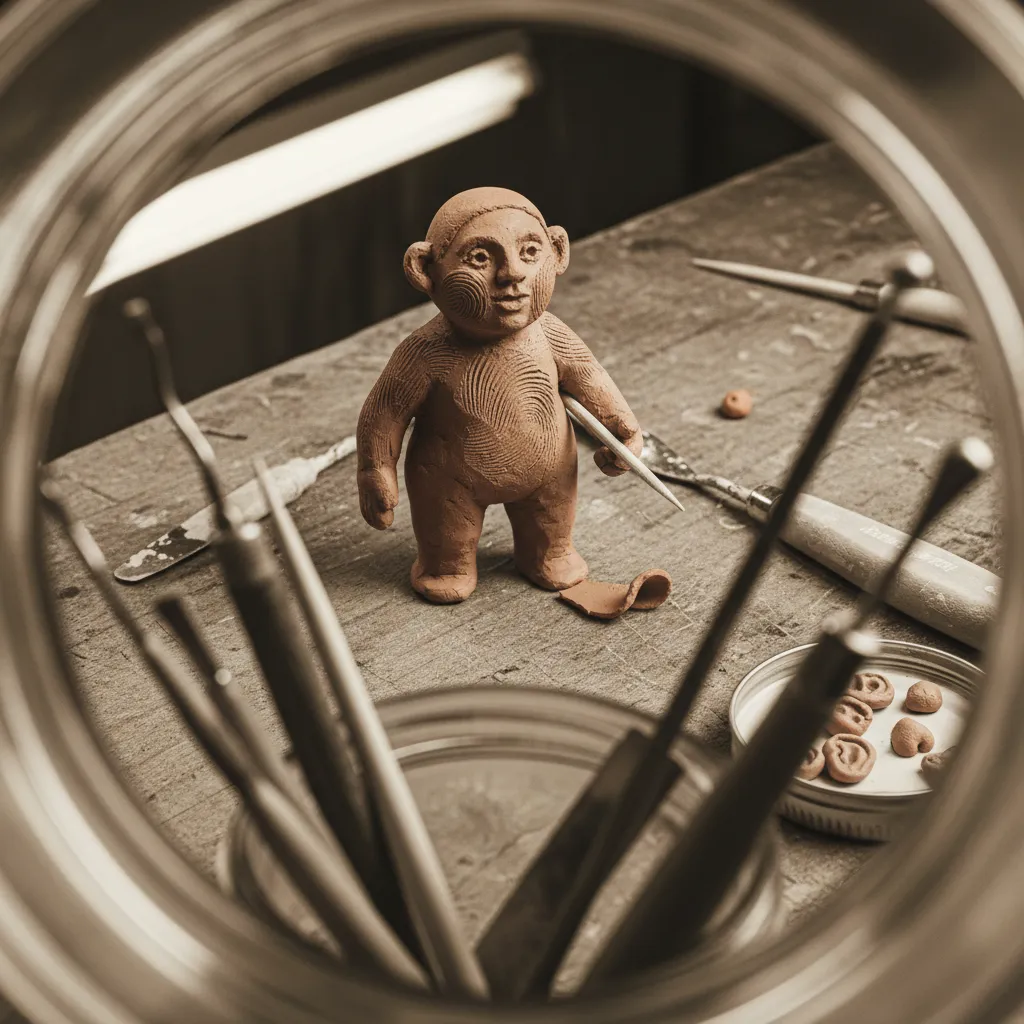 AI claymation portrait showing visible fingerprint texture and warm studio lighting on a sculpted clay figure selfie