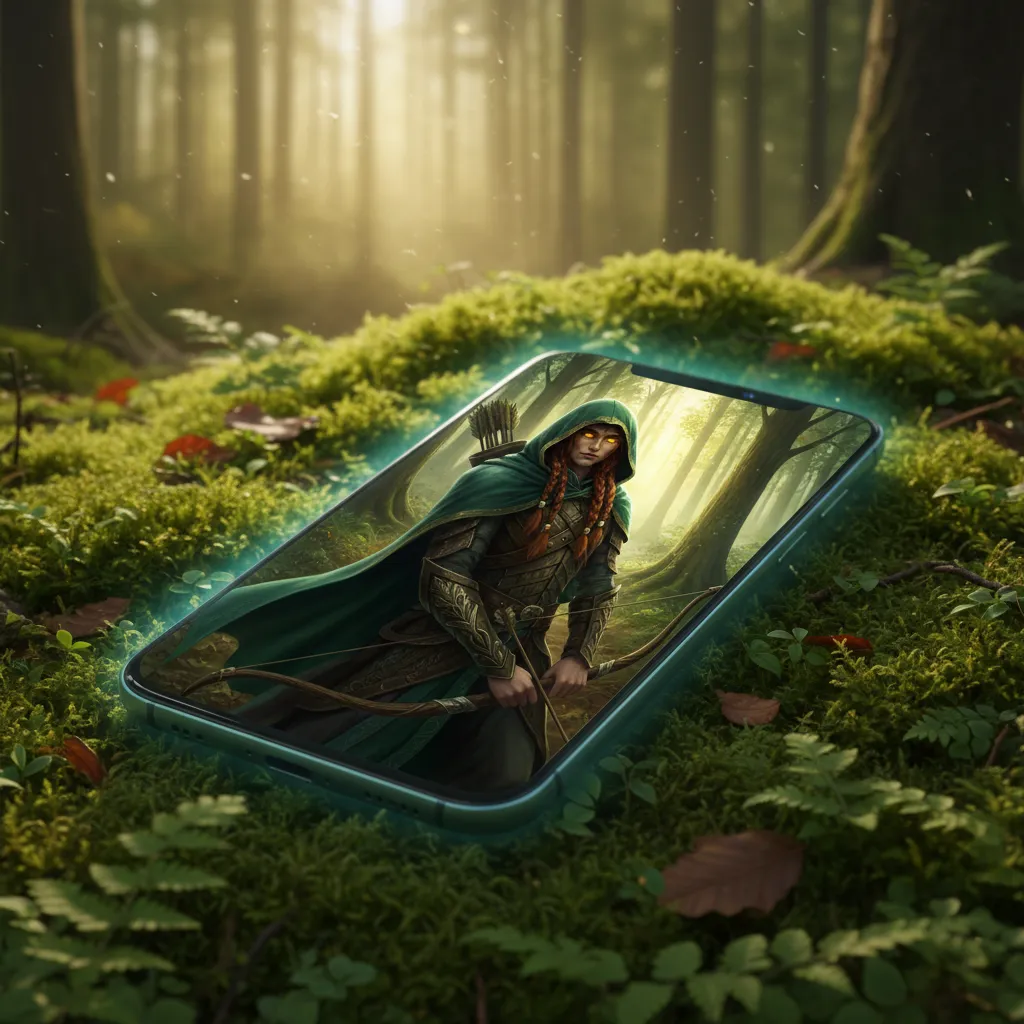 Close up of a glowing smartphone screen displaying a highly detailed Elven Ranger portrait, resting on a wooden table next to a set of metal polyhedral dice and a leather-bound journal