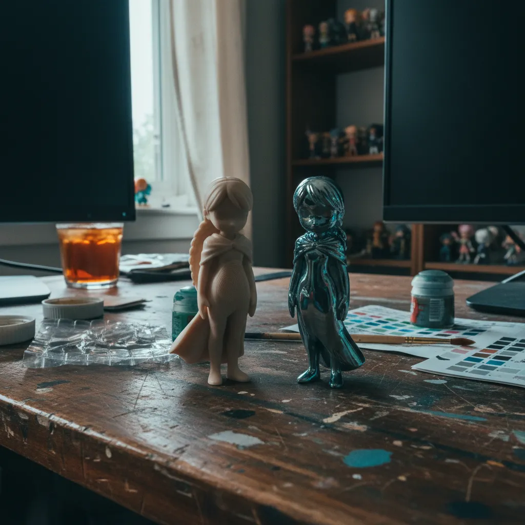 Close-up comparison of matte versus glossy PVC texture on AI generated collectible figurine
