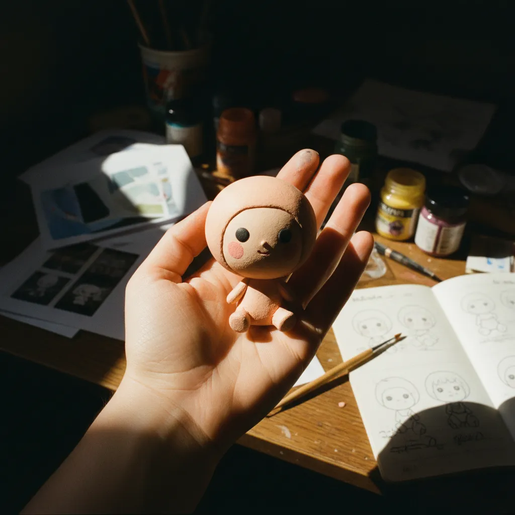 AI chibi pinch cheek effect showing a palm-sized character with oversized head sitting on an open hand